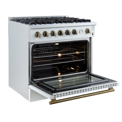 Cuisinière à gaz Marco de 36 pouces, design blanc et laiton antique, 6 brûleurs, 67 000 BTU, four à convection de 5,36 pi³