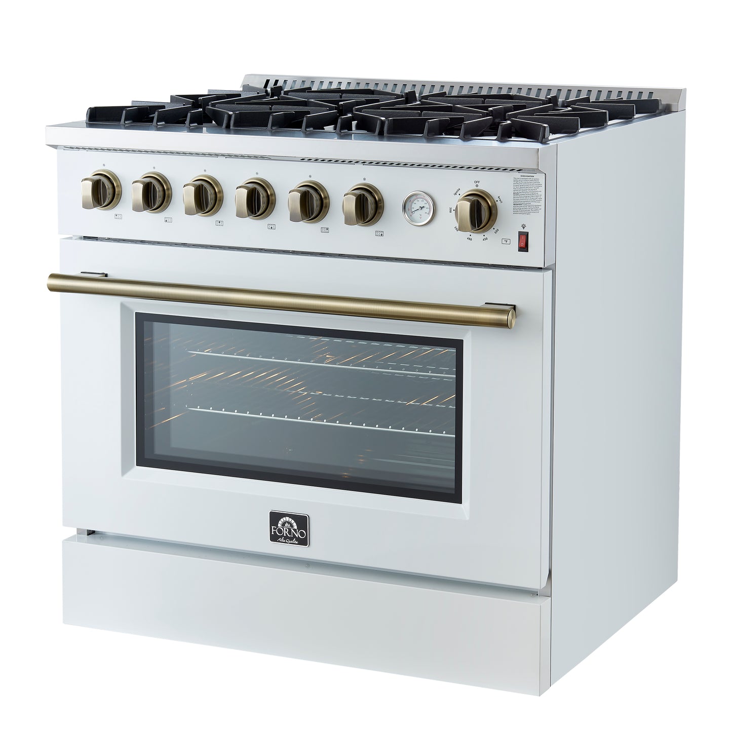 Cuisinière à gaz Marco de 36 pouces, design blanc et laiton antique, 6 brûleurs, 67 000 BTU, four à convection de 5,36 pi³