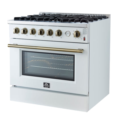 Cuisinière à gaz Marco de 36 pouces, design blanc et laiton antique, 6 brûleurs, 67 000 BTU, four à convection de 5,36 pi³