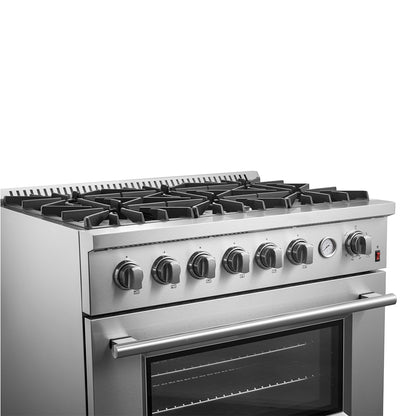 Cocina a gas Marco de 36 pulgadas, acero inoxidable, 6 quemadores, 67,000 BTU, horno de convección de 5.36 pies cúbicos