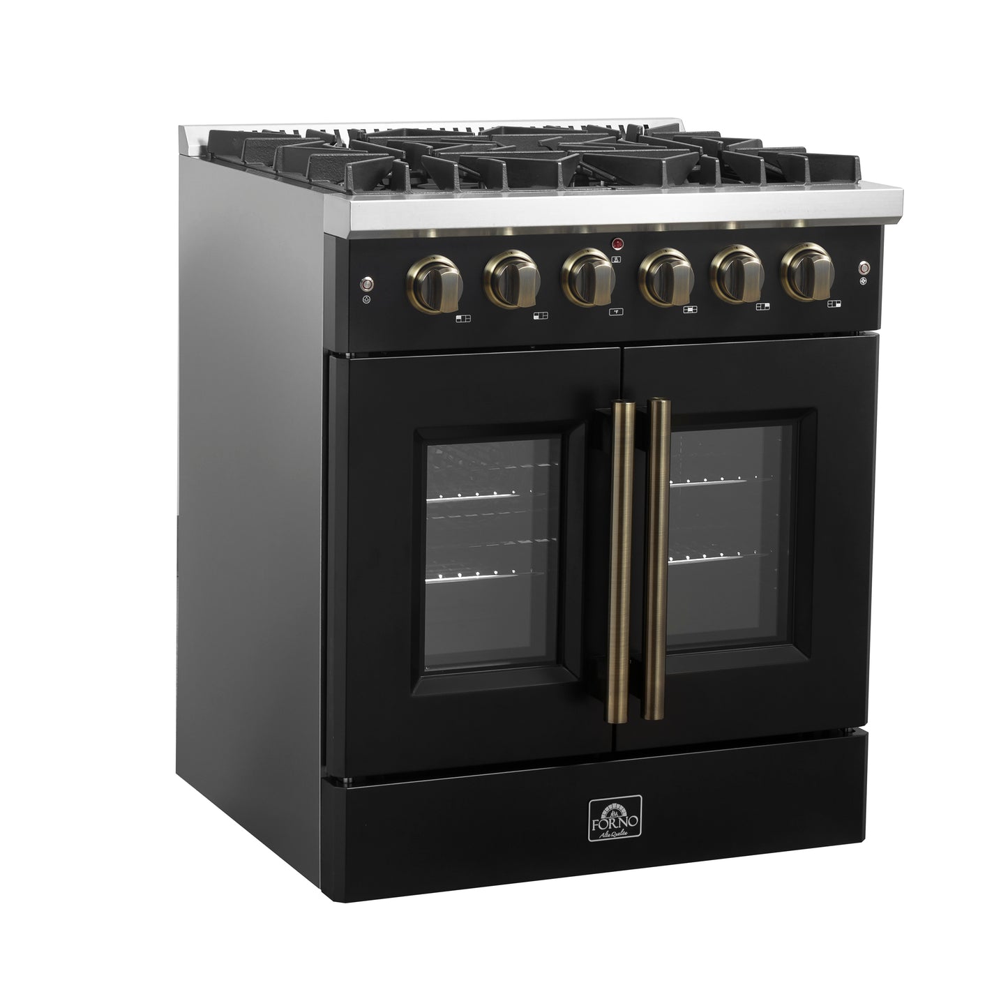 Cuisinière à gaz à portes françaises Forno Galiano de 30 pouces, design noir et laiton antique, 5 brûleurs scellés, 68 000 BTU, four à convection de 4,32 pi³
