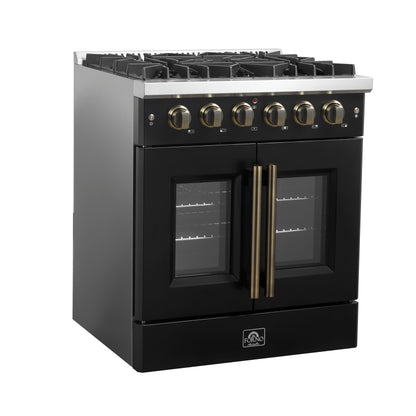Cuisinière à gaz à portes françaises Forno Galiano de 30 pouces, design noir et laiton antique, 5 brûleurs scellés, 68 000 BTU, four à convection de 4,32 pi³