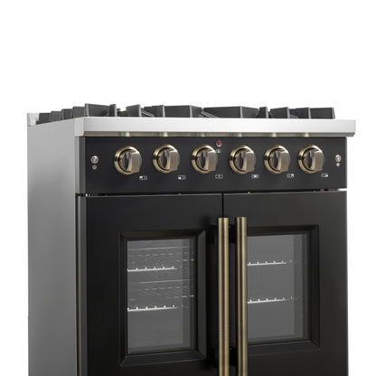 Cuisinière à gaz à portes françaises Forno Galiano de 30 pouces, design noir et laiton antique, 5 brûleurs scellés, 68 000 BTU, four à convection de 4,32 pi³