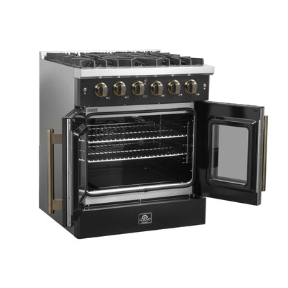 Cuisinière à gaz à portes françaises Forno Galiano de 30 pouces, design noir et laiton antique, 5 brûleurs scellés, 68 000 BTU, four à convection de 4,32 pi³