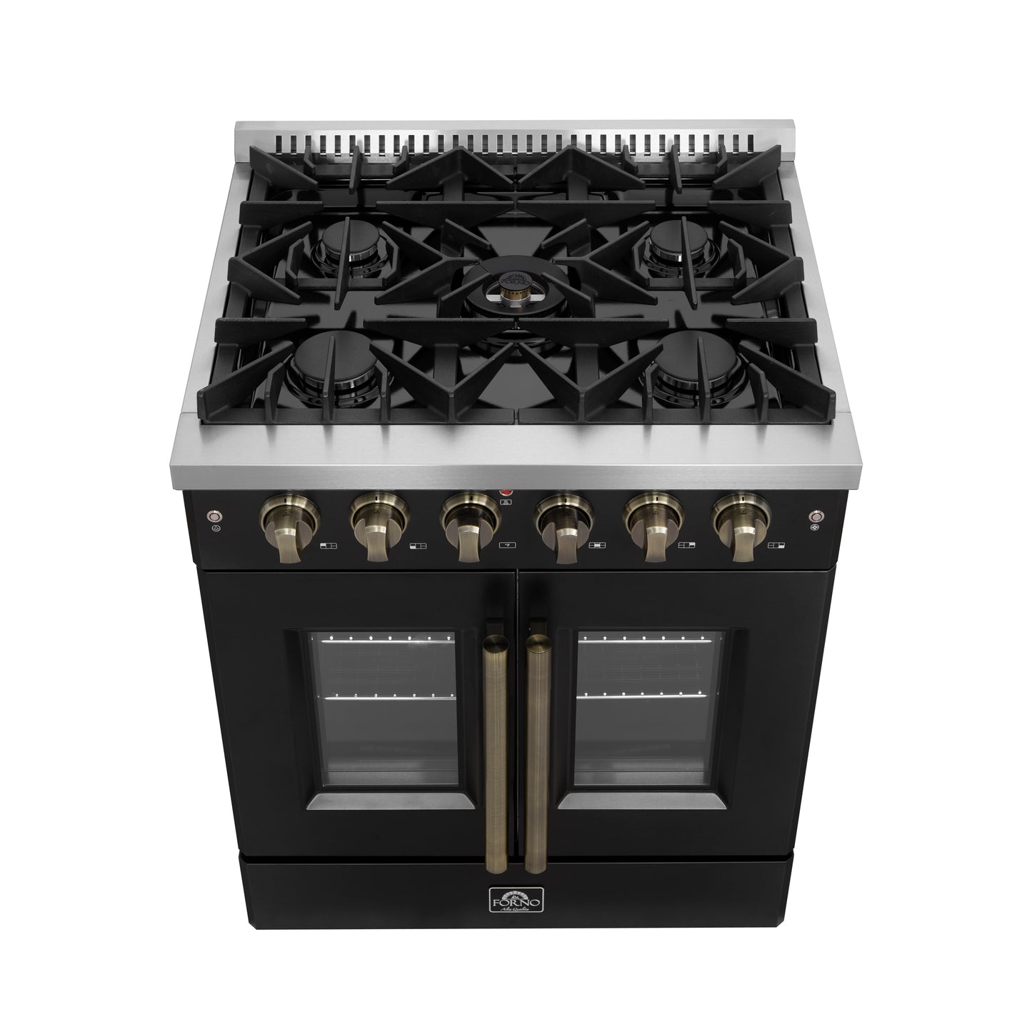 Cuisinière à gaz à portes françaises Forno Galiano de 30 pouces, design noir et laiton antique, 5 brûleurs scellés, 68 000 BTU, four à convection de 4,32 pi³