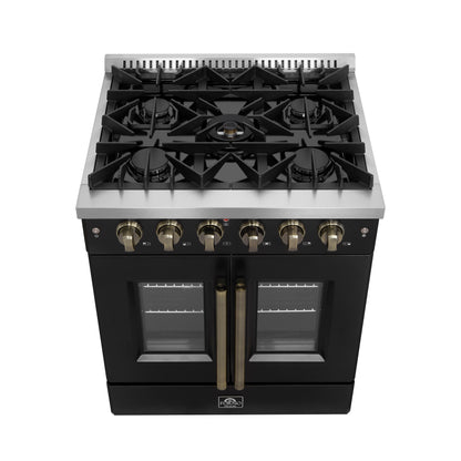 Cuisinière à gaz à portes françaises Forno Galiano de 30 pouces, design noir et laiton antique, 5 brûleurs scellés, 68 000 BTU, four à convection de 4,32 pi³