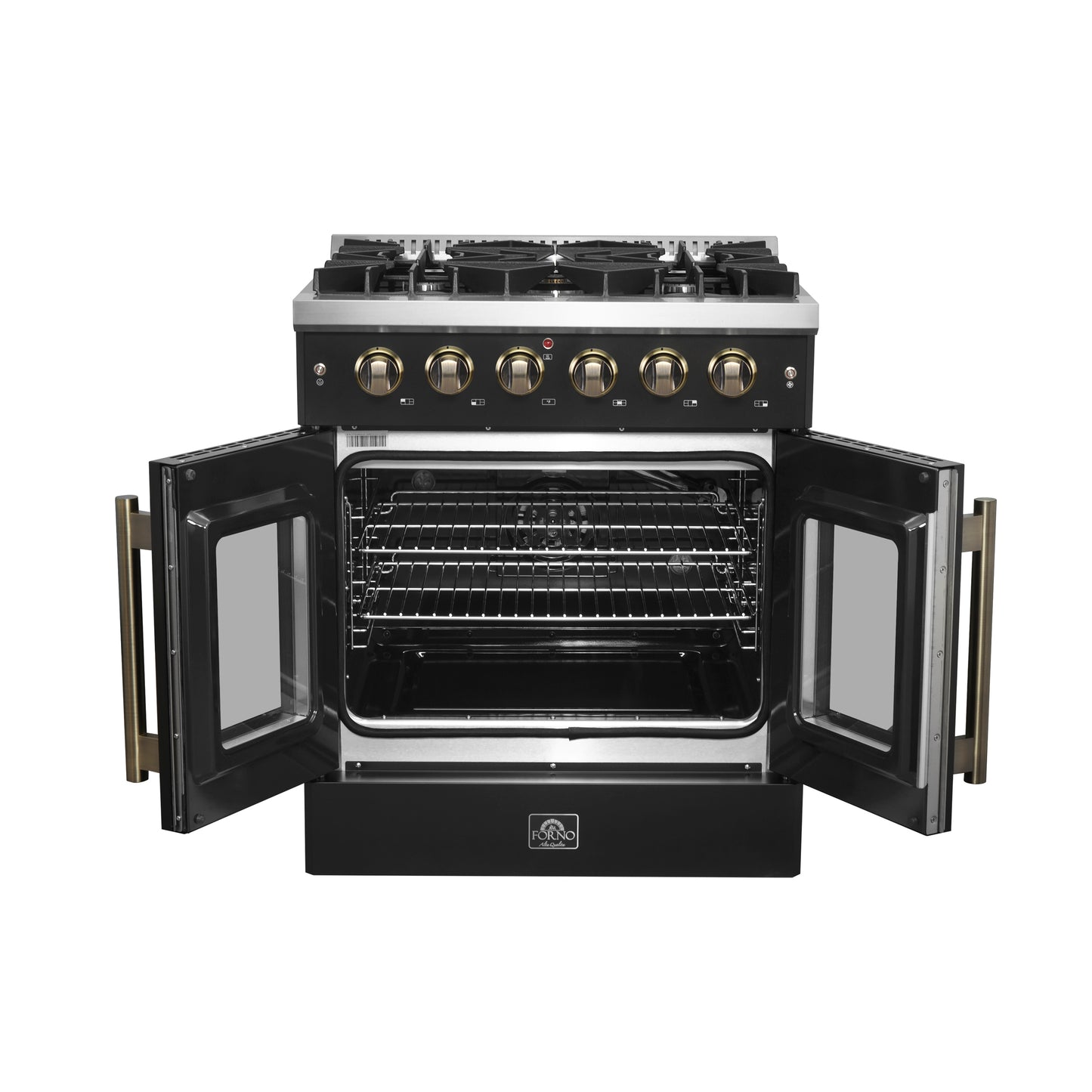 Cuisinière à gaz à portes françaises Forno Galiano de 30 pouces, design noir et laiton antique, 5 brûleurs scellés, 68 000 BTU, four à convection de 4,32 pi³
