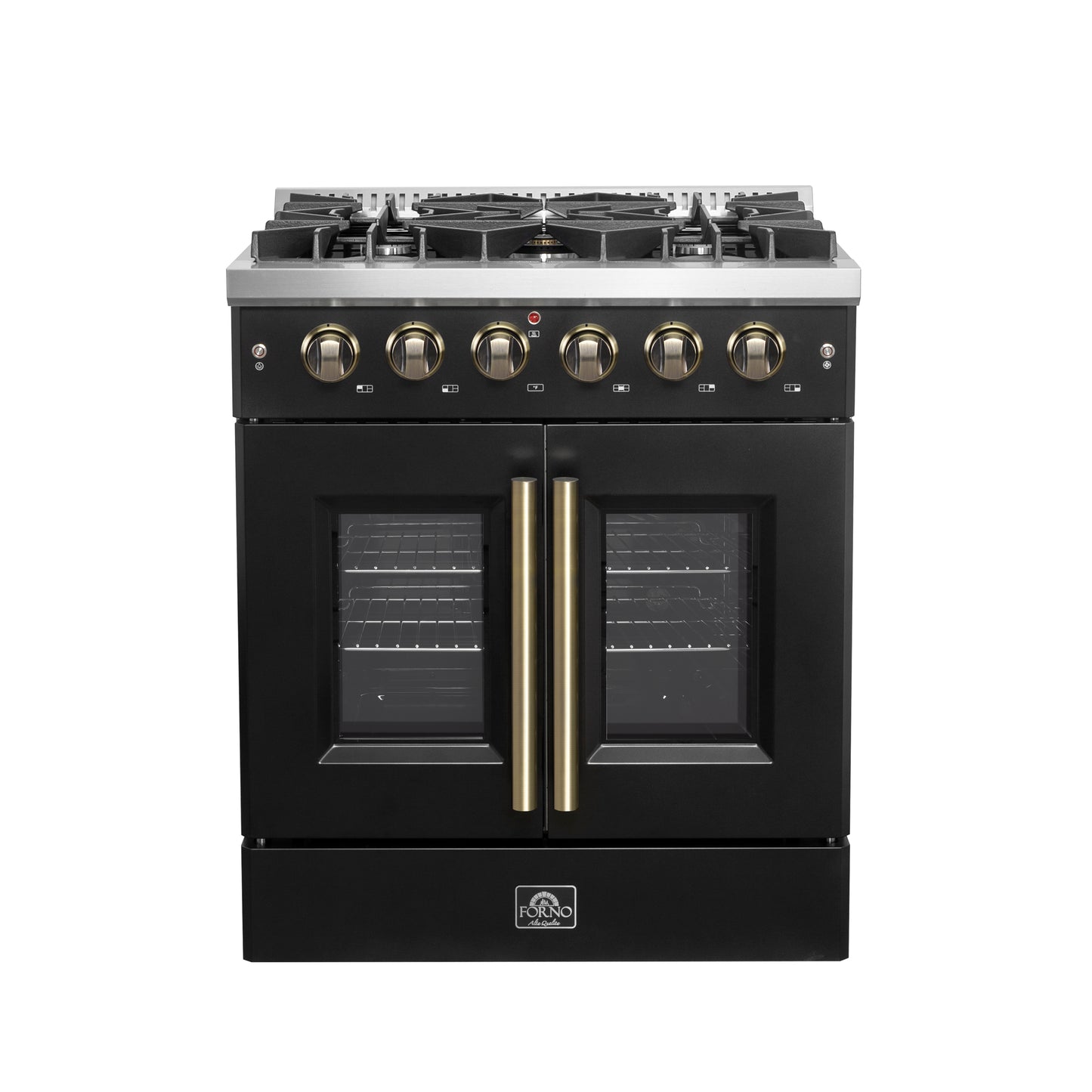 Cuisinière à gaz à portes françaises Forno Galiano de 30 pouces, design noir et laiton antique, 5 brûleurs scellés, 68 000 BTU, four à convection de 4,32 pi³