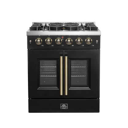 Cuisinière à gaz à portes françaises Forno Galiano de 30 pouces, design noir et laiton antique, 5 brûleurs scellés, 68 000 BTU, four à convection de 4,32 pi³