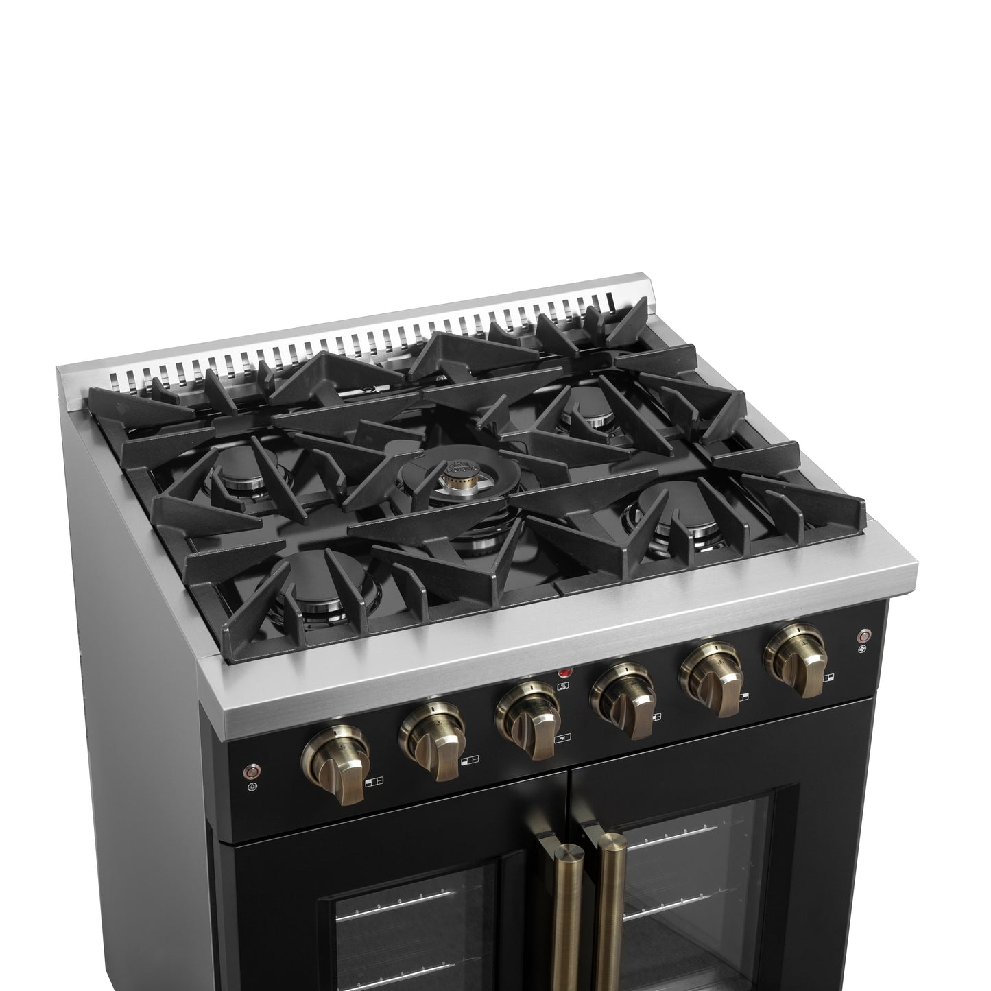 Cuisinière à gaz à portes françaises Forno Galiano de 30 pouces, design noir et laiton antique, 5 brûleurs scellés, 68 000 BTU, four à convection de 4,32 pi³
