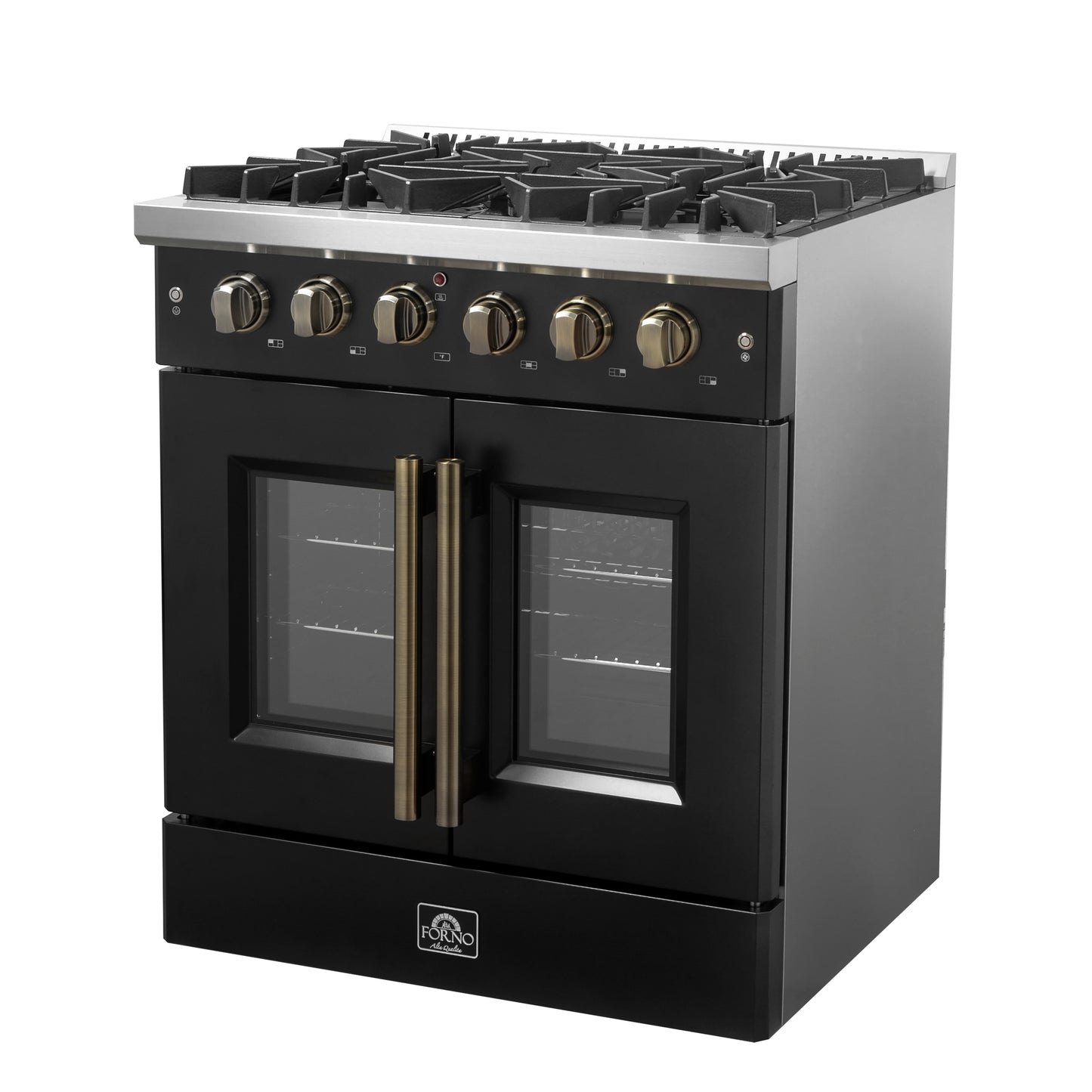 Cuisinière à gaz à portes françaises Forno Galiano de 30 pouces, design noir et laiton antique, 5 brûleurs scellés, 68 000 BTU, four à convection de 4,32 pi³