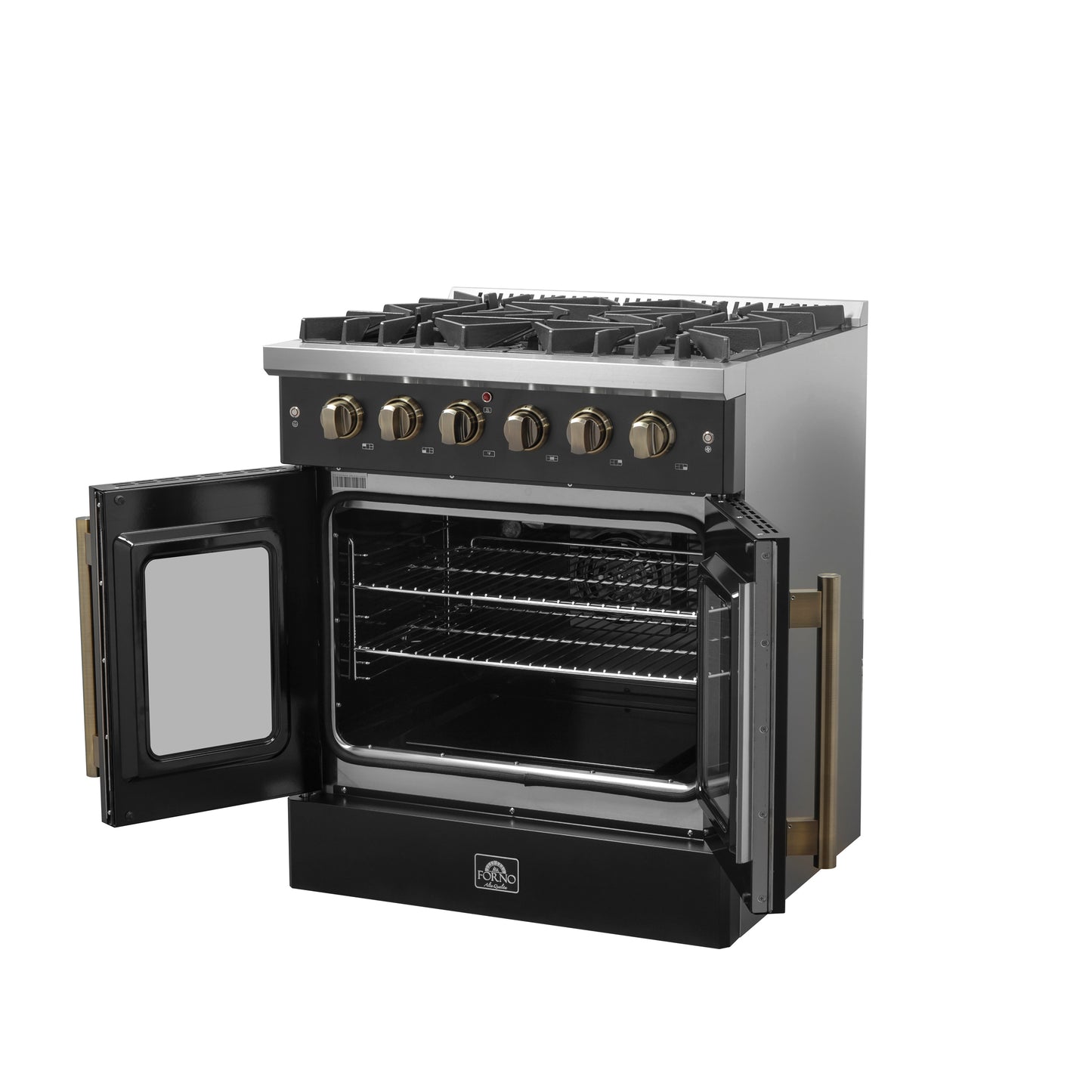 Cuisinière à gaz à portes françaises Forno Galiano de 30 pouces, design noir et laiton antique, 5 brûleurs scellés, 68 000 BTU, four à convection de 4,32 pi³