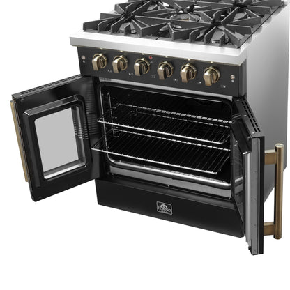 Cuisinière à gaz à portes françaises Forno Galiano de 30 pouces, design noir et laiton antique, 5 brûleurs scellés, 68 000 BTU, four à convection de 4,32 pi³