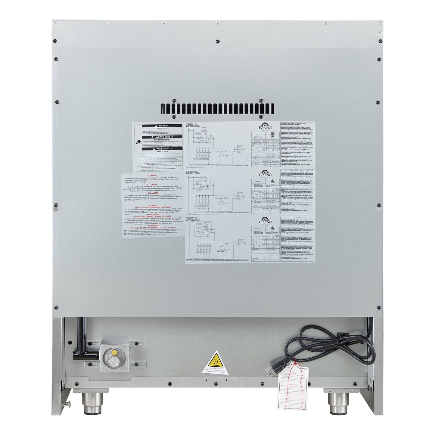 Cocina a gas con puerta francesa Forno Galiano de 30 pulgadas 
Blanco con diseño de latón antiguo, 5 quemadores,
 Horno de convección de 68,000 BTU y 4.32 pies cúbicos