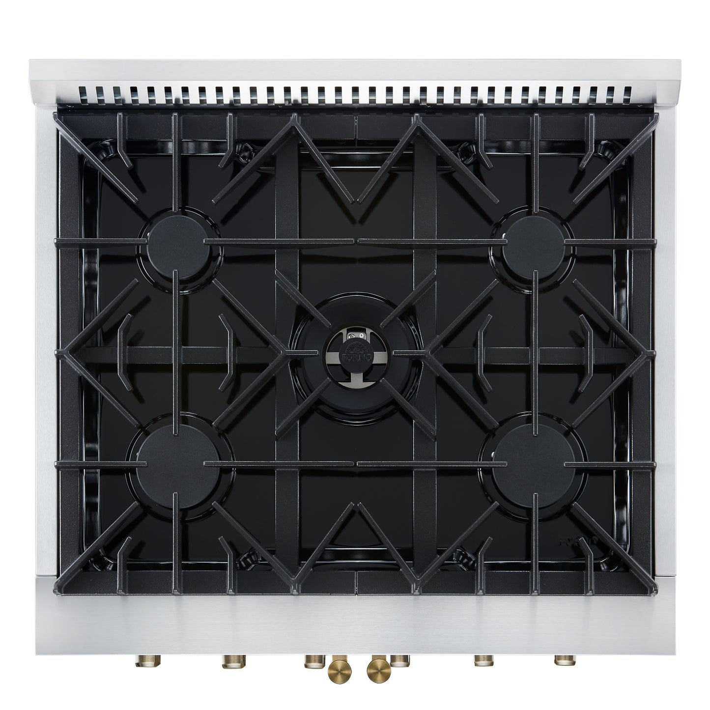 Cocina a gas con puerta francesa Forno Galiano de 30 pulgadas 
Blanco con diseño de latón antiguo, 5 quemadores,
 Horno de convección de 68,000 BTU y 4.32 pies cúbicos