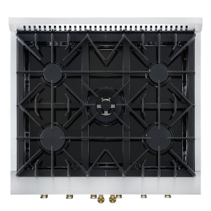 Cocina a gas con puerta francesa Forno Galiano de 30 pulgadas 
Blanco con diseño de latón antiguo, 5 quemadores,
 Horno de convección de 68,000 BTU y 4.32 pies cúbicos