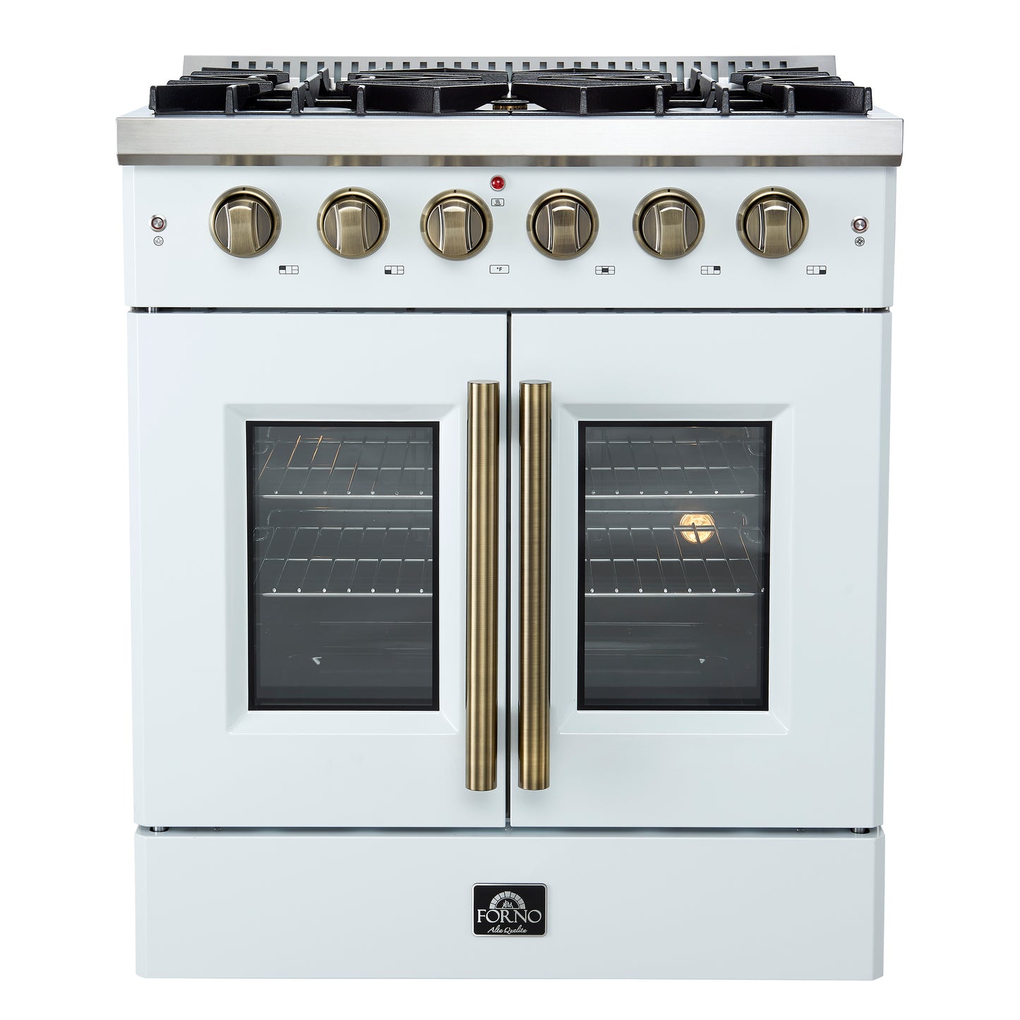 Cocina a gas con puerta francesa Forno Galiano de 30 pulgadas 
Blanco con diseño de latón antiguo, 5 quemadores,
 Horno de convección de 68,000 BTU y 4.32 pies cúbicos