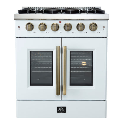 Cocina a gas con puerta francesa Forno Galiano de 30 pulgadas 
Blanco con diseño de latón antiguo, 5 quemadores,
 Horno de convección de 68,000 BTU y 4.32 pies cúbicos