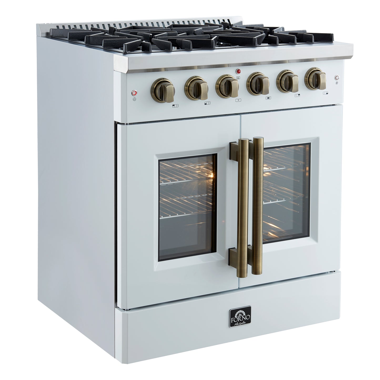 Cocina a gas con puerta francesa Forno Galiano de 30 pulgadas 
Blanco con diseño de latón antiguo, 5 quemadores,
 Horno de convección de 68,000 BTU y 4.32 pies cúbicos