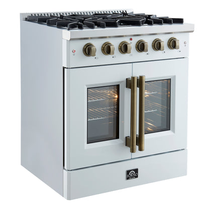 Cocina a gas con puerta francesa Forno Galiano de 30 pulgadas 
Blanco con diseño de latón antiguo, 5 quemadores,
 Horno de convección de 68,000 BTU y 4.32 pies cúbicos