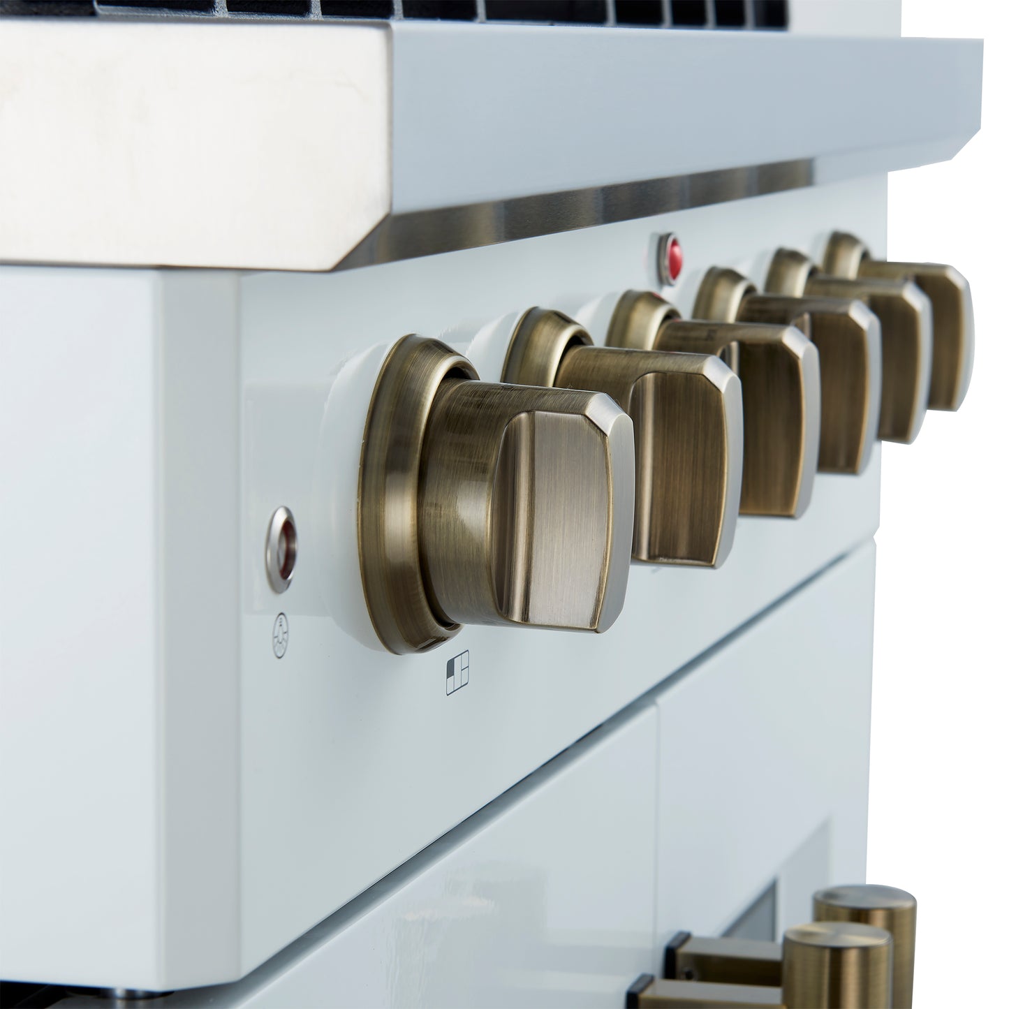 Cocina a gas con puerta francesa Forno Galiano de 30 pulgadas 
Blanco con diseño de latón antiguo, 5 quemadores,
 Horno de convección de 68,000 BTU y 4.32 pies cúbicos