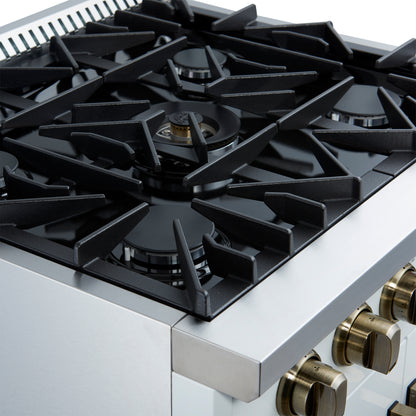 Cocina a gas con puerta francesa Forno Galiano de 30 pulgadas 
Blanco con diseño de latón antiguo, 5 quemadores,
 Horno de convección de 68,000 BTU y 4.32 pies cúbicos