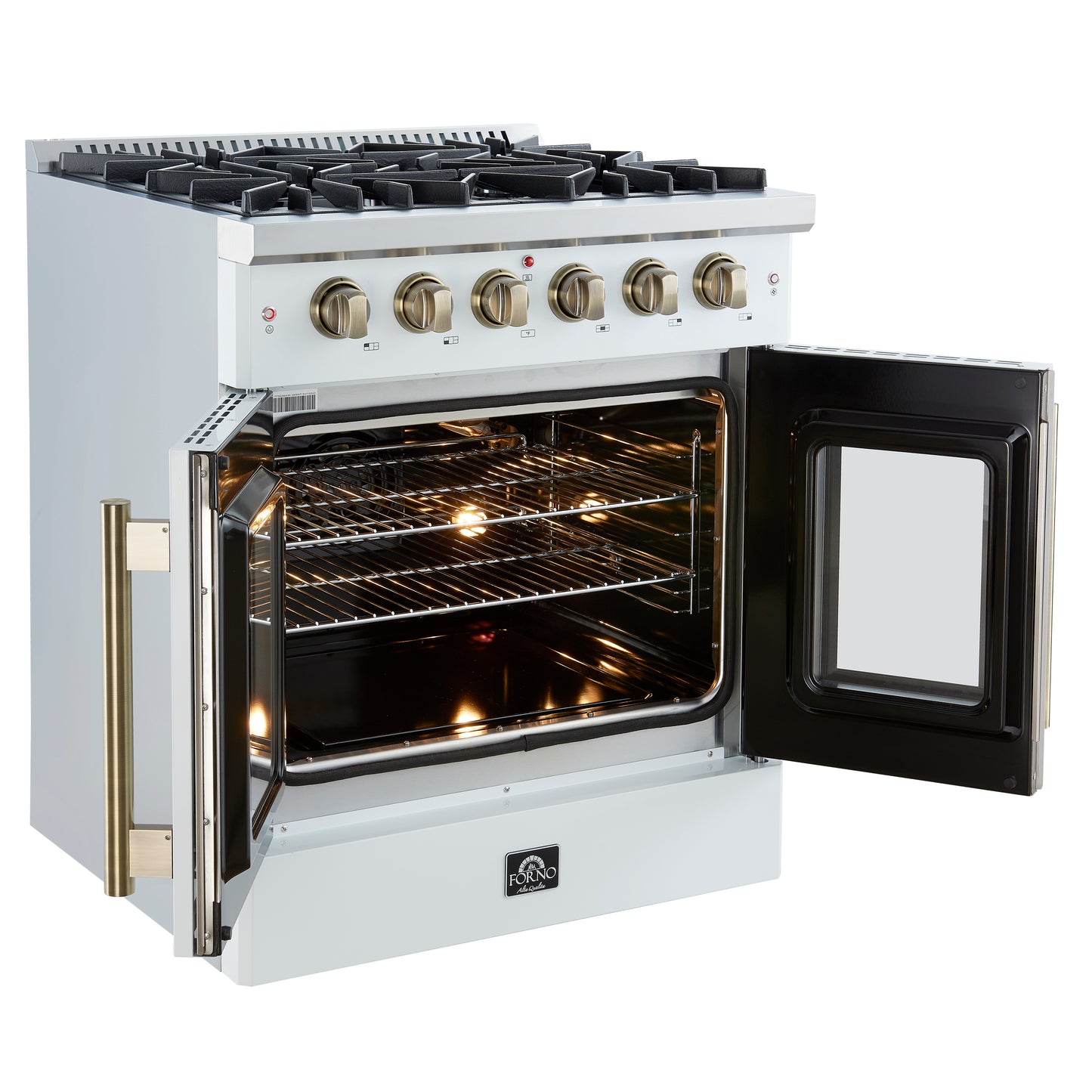 Cocina a gas con puerta francesa Forno Galiano de 30 pulgadas 
Blanco con diseño de latón antiguo, 5 quemadores,
 Horno de convección de 68,000 BTU y 4.32 pies cúbicos