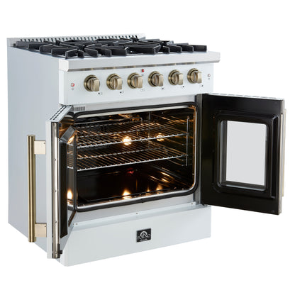 Cocina a gas con puerta francesa Forno Galiano de 30 pulgadas 
Blanco con diseño de latón antiguo, 5 quemadores,
 Horno de convección de 68,000 BTU y 4.32 pies cúbicos