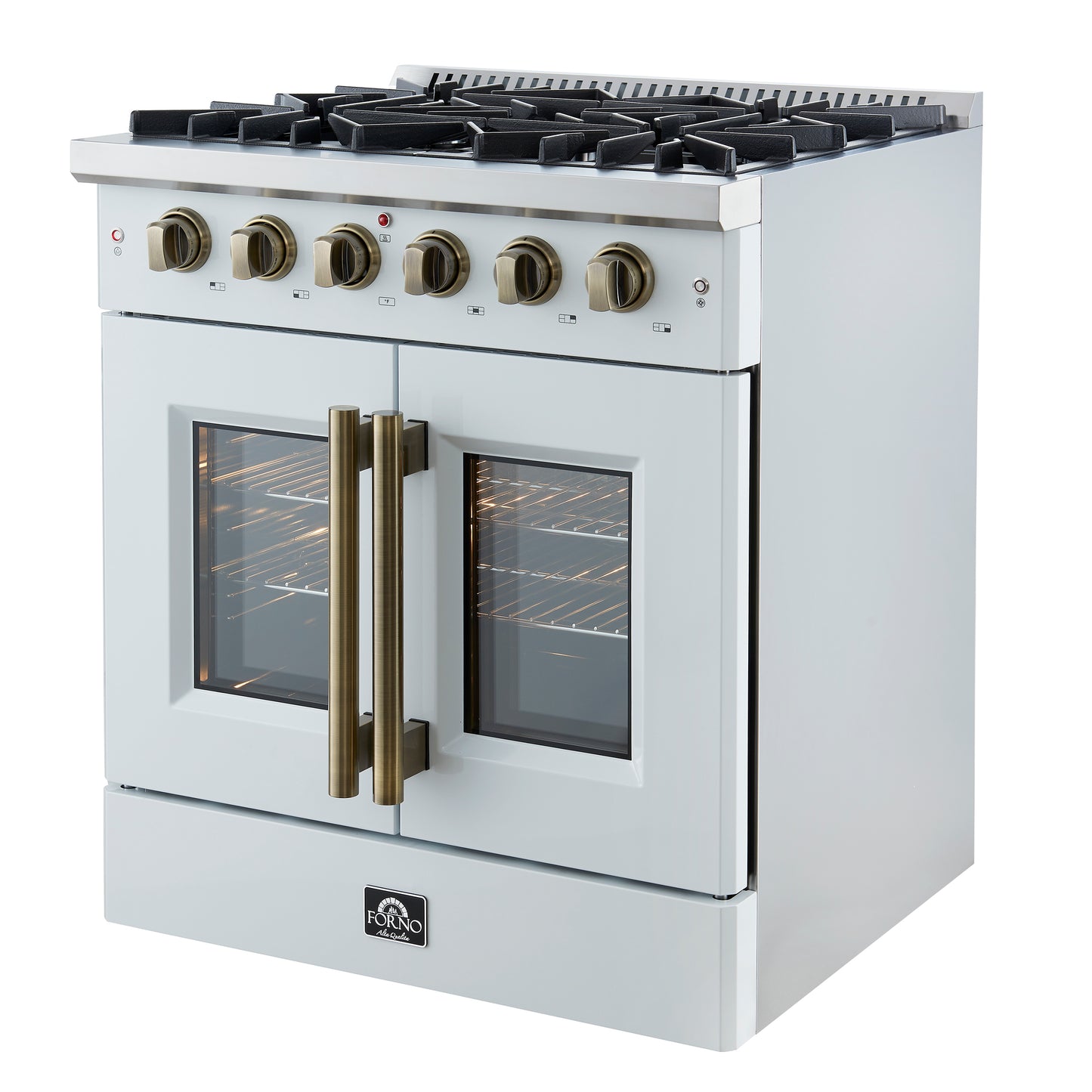 Cocina a gas con puerta francesa Forno Galiano de 30 pulgadas 
Blanco con diseño de latón antiguo, 5 quemadores,
 Horno de convección de 68,000 BTU y 4.32 pies cúbicos