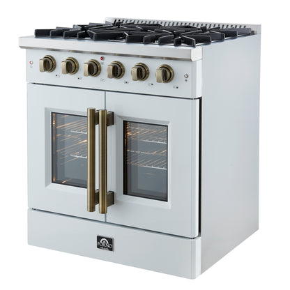 Cocina a gas con puerta francesa Forno Galiano de 30 pulgadas 
Blanco con diseño de latón antiguo, 5 quemadores,
 Horno de convección de 68,000 BTU y 4.32 pies cúbicos
