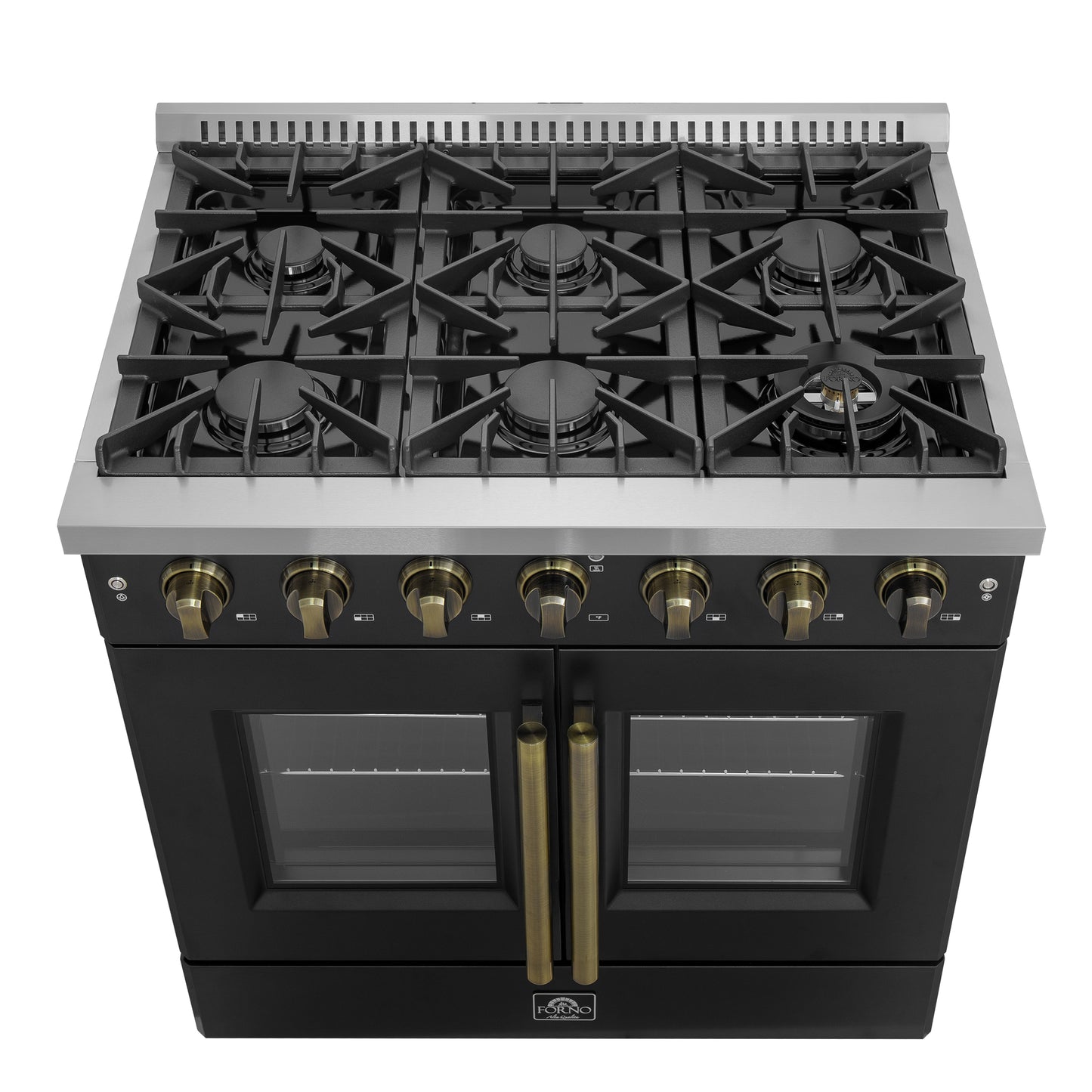 Cuisinière à gaz à portes françaises Forno Galiano de 36 pouces, design noir et laiton antique, 6 brûleurs scellés, 83 000 BTU, four à convection de 5,36 pi³