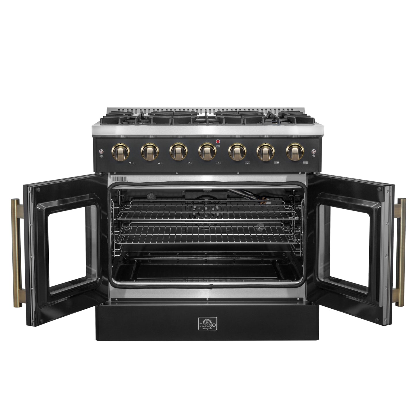 Cuisinière à gaz à portes françaises Forno Galiano de 36 pouces, design noir et laiton antique, 6 brûleurs scellés, 83 000 BTU, four à convection de 5,36 pi³