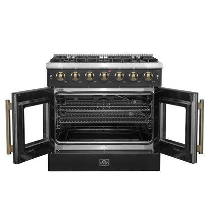 Cuisinière à gaz à portes françaises Forno Galiano de 36 pouces, design noir et laiton antique, 6 brûleurs scellés, 83 000 BTU, four à convection de 5,36 pi³