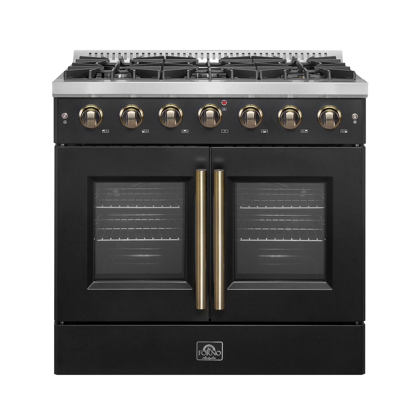 Cuisinière à gaz à portes françaises Forno Galiano de 36 pouces, design noir et laiton antique, 6 brûleurs scellés, 83 000 BTU, four à convection de 5,36 pi³
