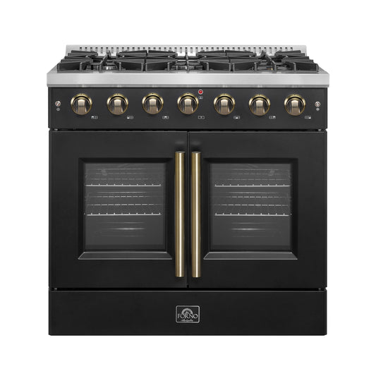 Cocina a gas Forno Galiano de 36 pulgadas con puerta francesa, diseño en negro y latón antiguo, 6 quemadores sellados, 83,000 BTU, horno de convección de 5.36 pies cúbicos