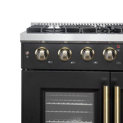 Cuisinière à gaz à portes françaises Forno Galiano de 36 pouces, design noir et laiton antique, 6 brûleurs scellés, 83 000 BTU, four à convection de 5,36 pi³