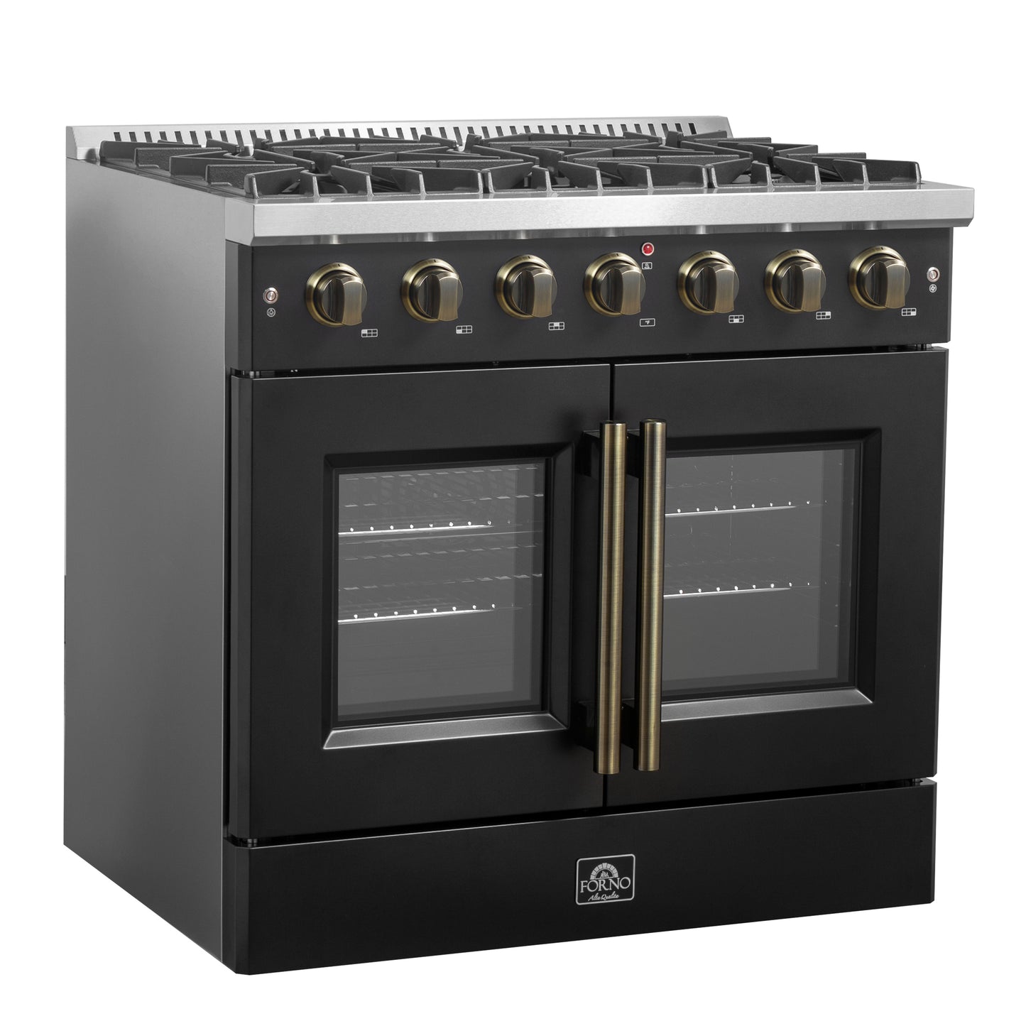 Cuisinière à gaz à portes françaises Forno Galiano de 36 pouces, design noir et laiton antique, 6 brûleurs scellés, 83 000 BTU, four à convection de 5,36 pi³