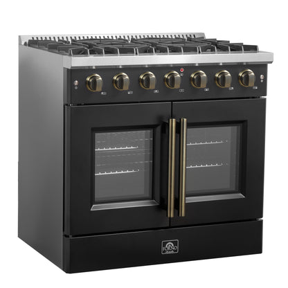 Cuisinière à gaz à portes françaises Forno Galiano de 36 pouces, design noir et laiton antique, 6 brûleurs scellés, 83 000 BTU, four à convection de 5,36 pi³