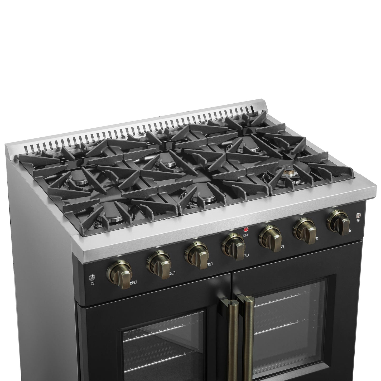 Cuisinière à gaz à portes françaises Forno Galiano de 36 pouces, design noir et laiton antique, 6 brûleurs scellés, 83 000 BTU, four à convection de 5,36 pi³