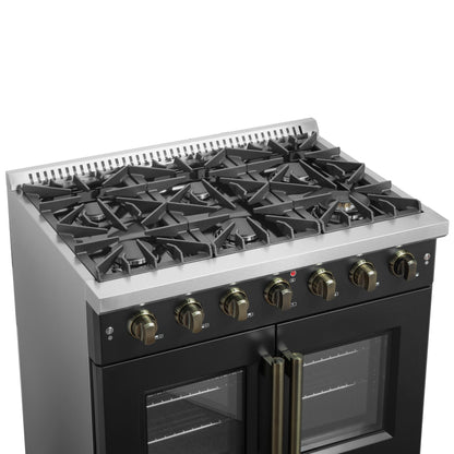 Cuisinière à gaz à portes françaises Forno Galiano de 36 pouces, design noir et laiton antique, 6 brûleurs scellés, 83 000 BTU, four à convection de 5,36 pi³