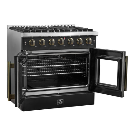 Cuisinière à gaz à portes françaises Forno Galiano de 36 pouces, design noir et laiton antique, 6 brûleurs scellés, 83 000 BTU, four à convection de 5,36 pi³
