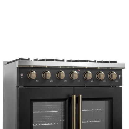 Cuisinière à gaz à portes françaises Forno Galiano de 36 pouces, design noir et laiton antique, 6 brûleurs scellés, 83 000 BTU, four à convection de 5,36 pi³