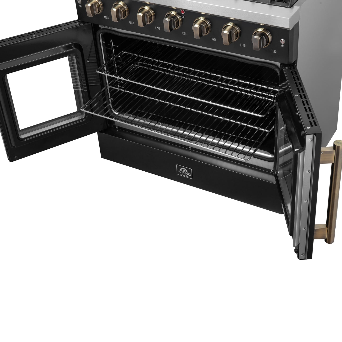 Cuisinière à gaz à portes françaises Forno Galiano de 36 pouces, design noir et laiton antique, 6 brûleurs scellés, 83 000 BTU, four à convection de 5,36 pi³