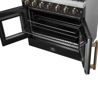 Cuisinière à gaz à portes françaises Forno Galiano de 36 pouces, design noir et laiton antique, 6 brûleurs scellés, 83 000 BTU, four à convection de 5,36 pi³