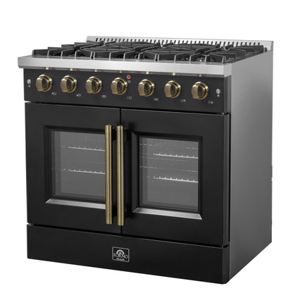 Cuisinière à gaz à portes françaises Forno Galiano de 36 pouces, design noir et laiton antique, 6 brûleurs scellés, 83 000 BTU, four à convection de 5,36 pi³
