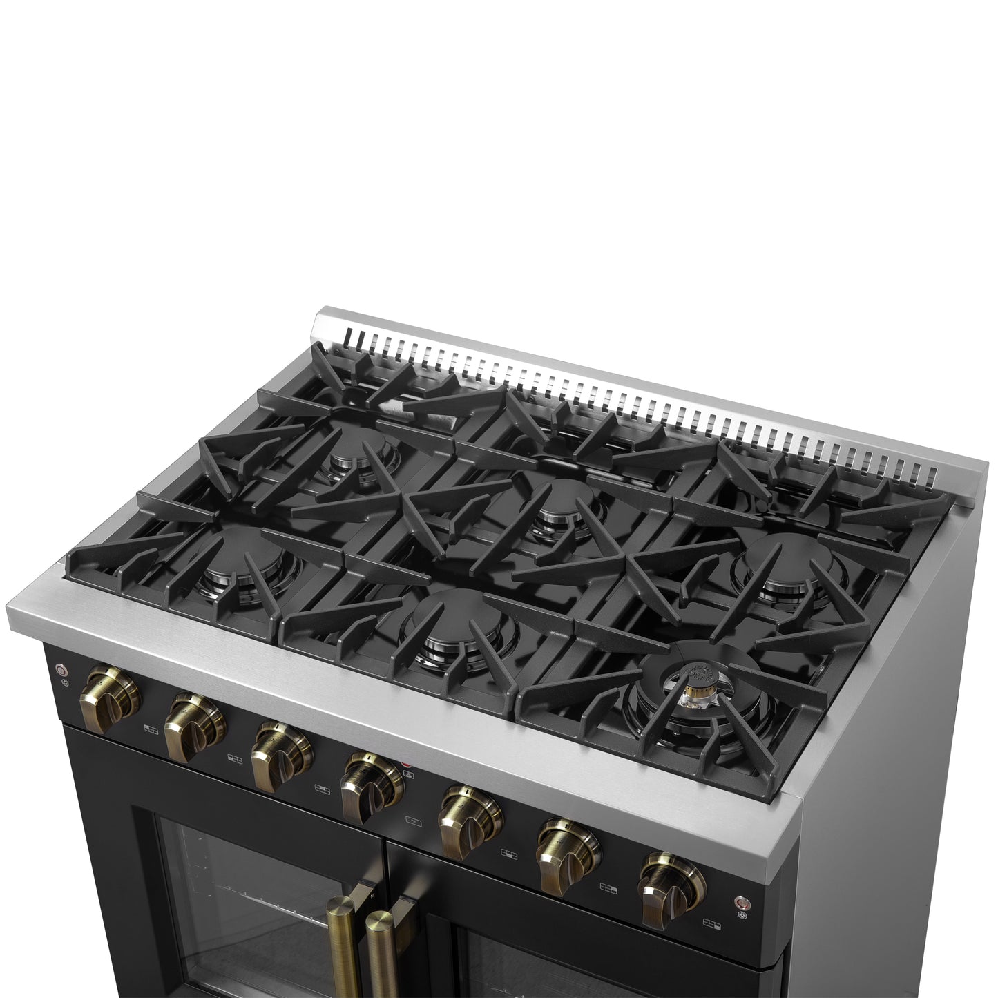 Cuisinière à gaz à portes françaises Forno Galiano de 36 pouces, design noir et laiton antique, 6 brûleurs scellés, 83 000 BTU, four à convection de 5,36 pi³