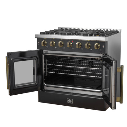 Cuisinière à gaz à portes françaises Forno Galiano de 36 pouces, design noir et laiton antique, 6 brûleurs scellés, 83 000 BTU, four à convection de 5,36 pi³