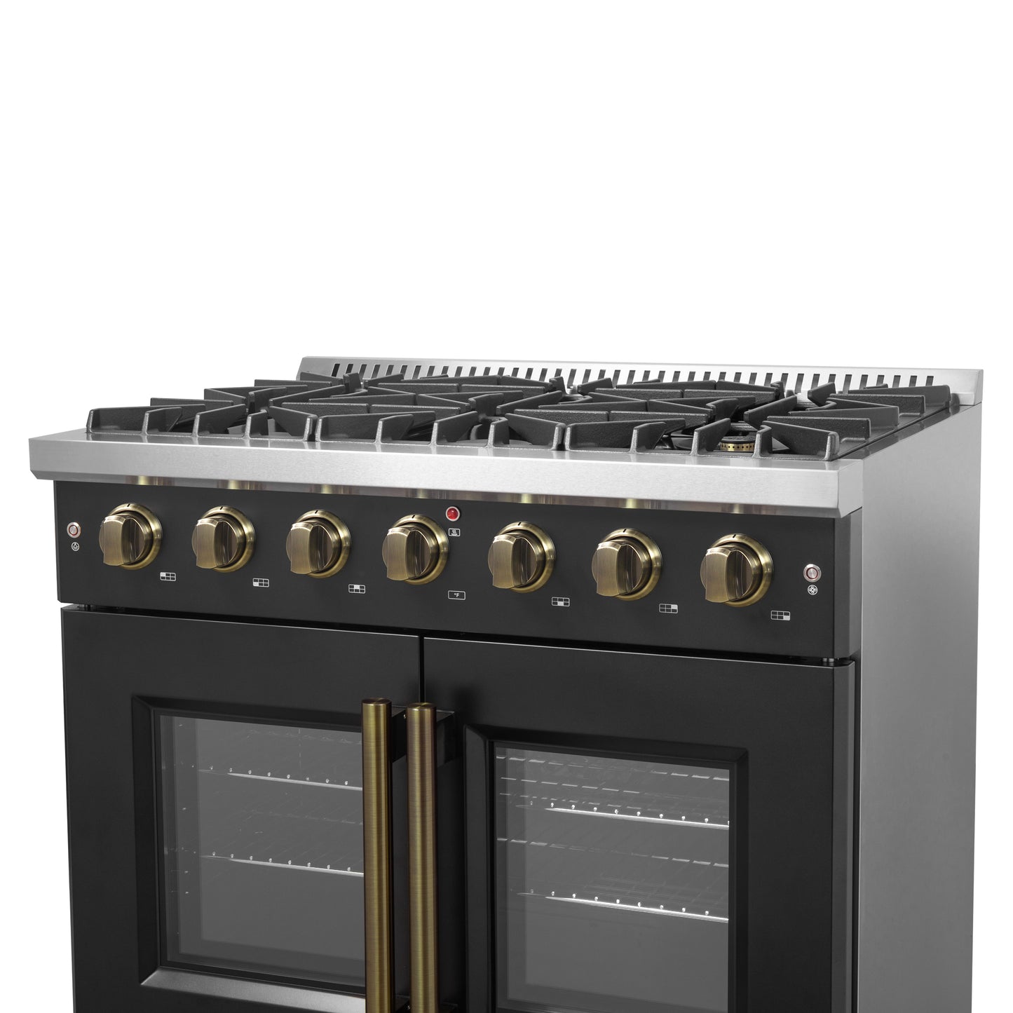 Cuisinière à gaz à portes françaises Forno Galiano de 36 pouces, design noir et laiton antique, 6 brûleurs scellés, 83 000 BTU, four à convection de 5,36 pi³