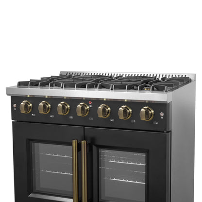 Cuisinière à gaz à portes françaises Forno Galiano de 36 pouces, design noir et laiton antique, 6 brûleurs scellés, 83 000 BTU, four à convection de 5,36 pi³