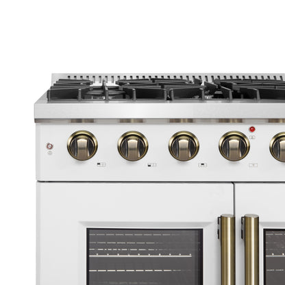 Cocina a gas Forno Galiano de 36 pulgadas con puerta francesa, diseño en blanco y latón antiguo, 6 quemadores sellados, 83,000 BTU, horno de convección de 5.36 pies cúbicos